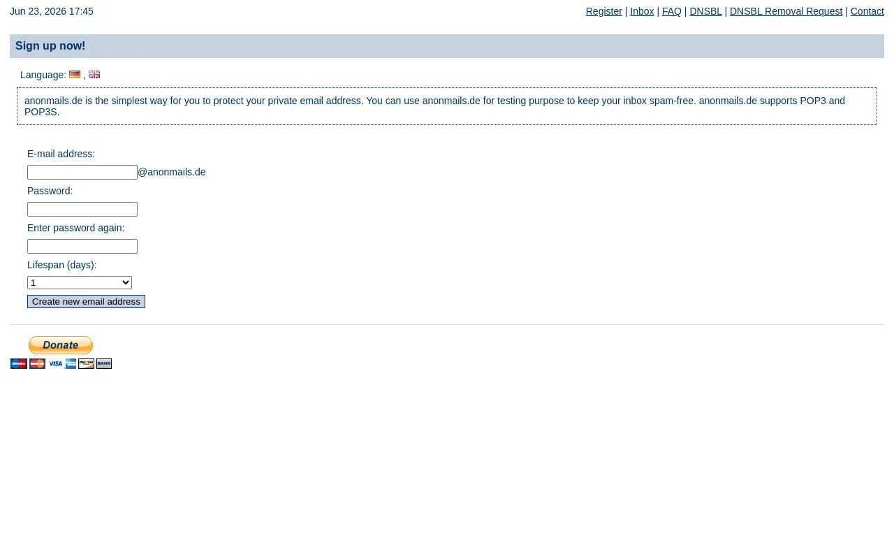 Screenshot of anonmails.de