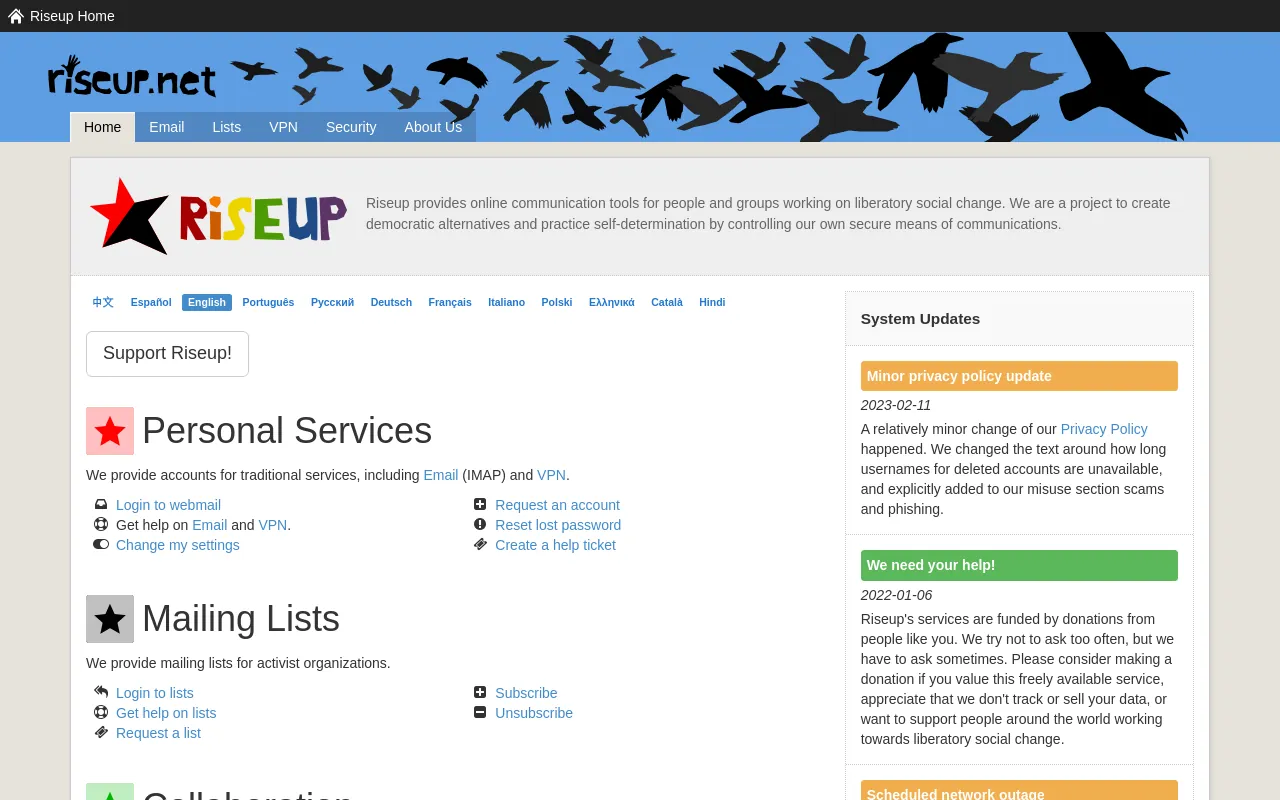 Screenshot of riseup.net