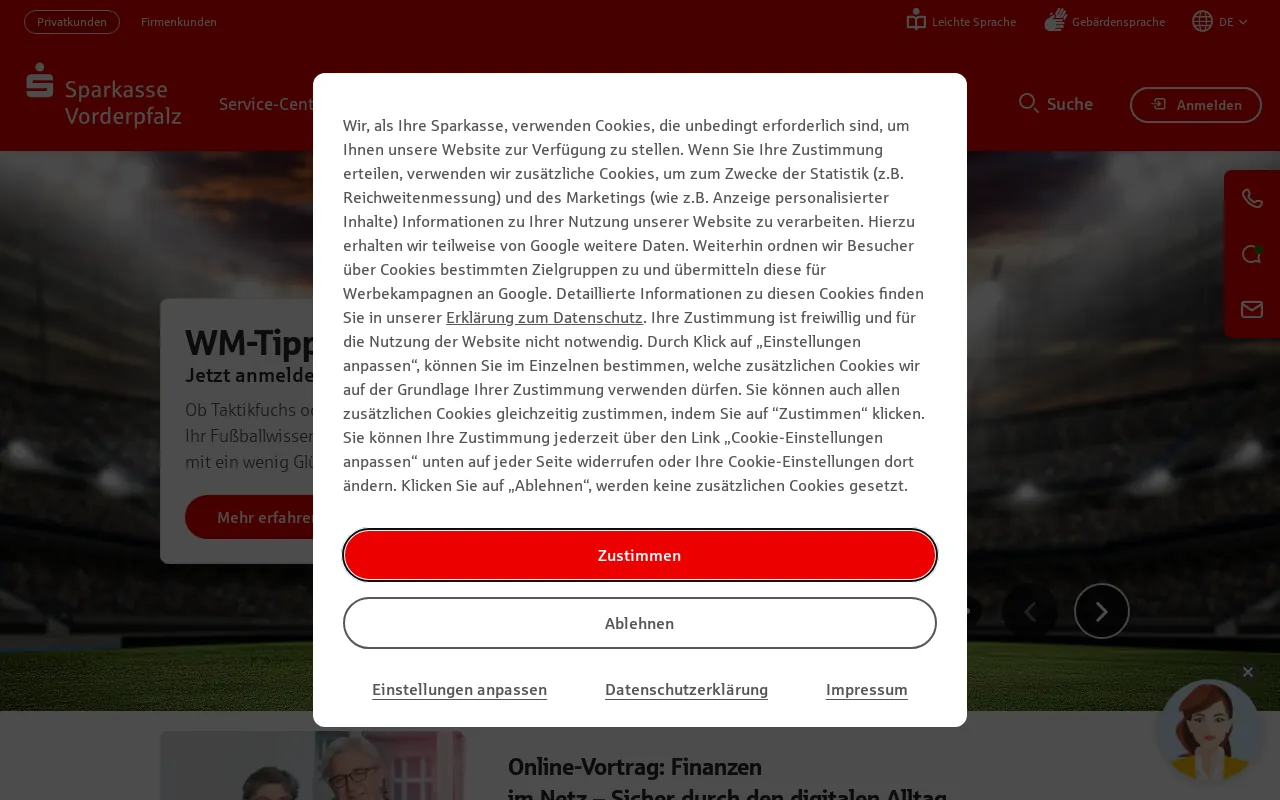 Screenshot of sparkasse-vorderpfalz.de