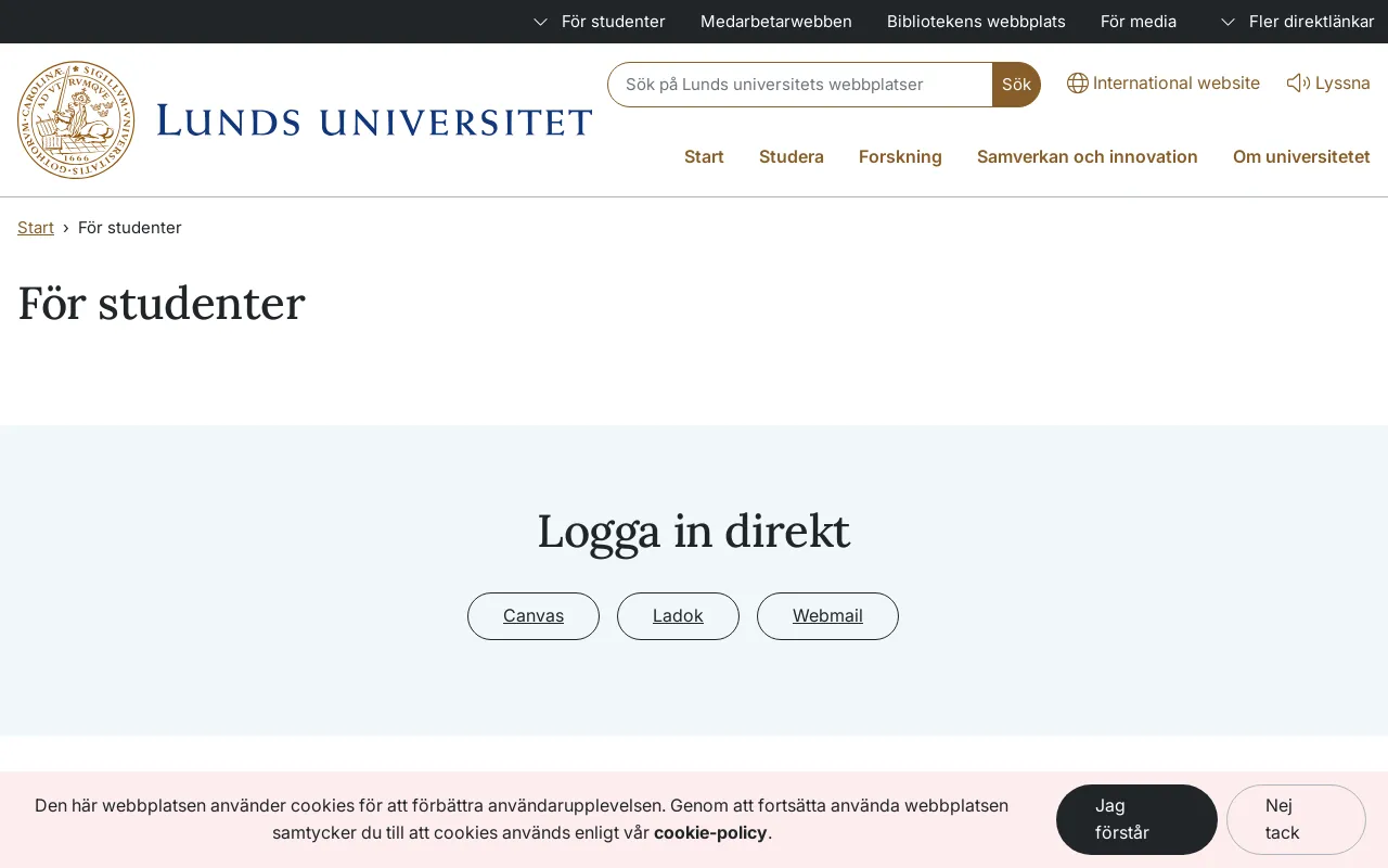 Screenshot of student.lu.se