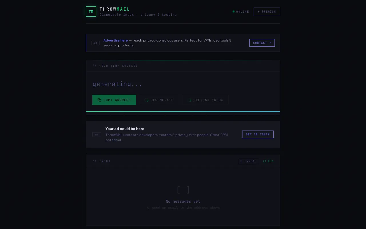 Screenshot of throwmail.net